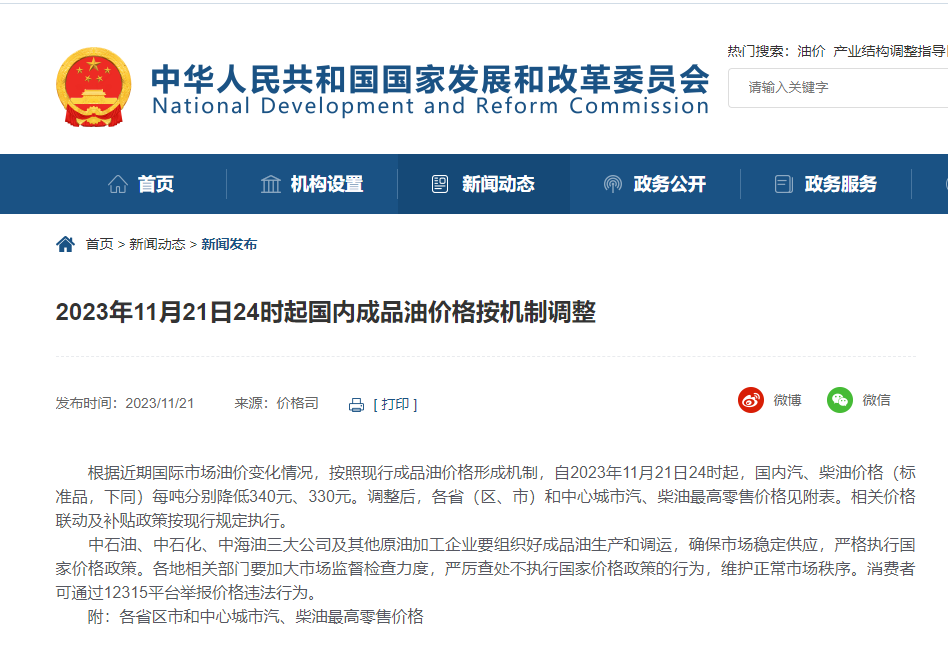 今晚，油價(jià)下調(diào)!附各省汽、柴油最高零售價(jià)